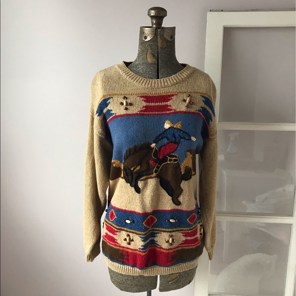 Liz Sport Western Horse Rodeo Beaded Ugly Sweater